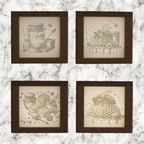 Four framed illustrations of honeycombs and bee-related items on a marble background