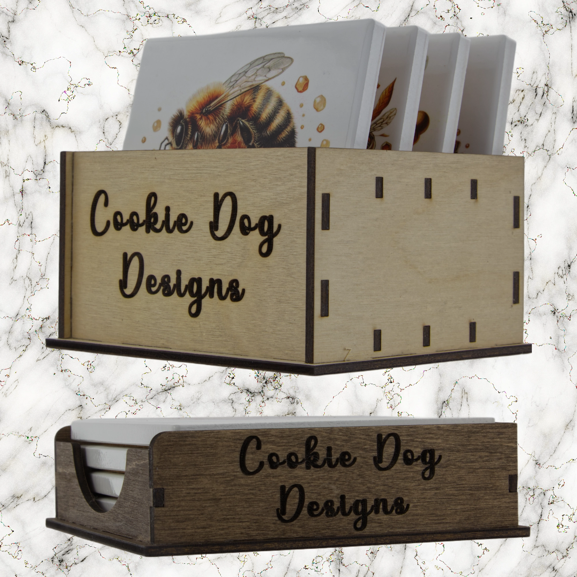 Wooden box with 'Cookie Dog Designs' branding on a marble background