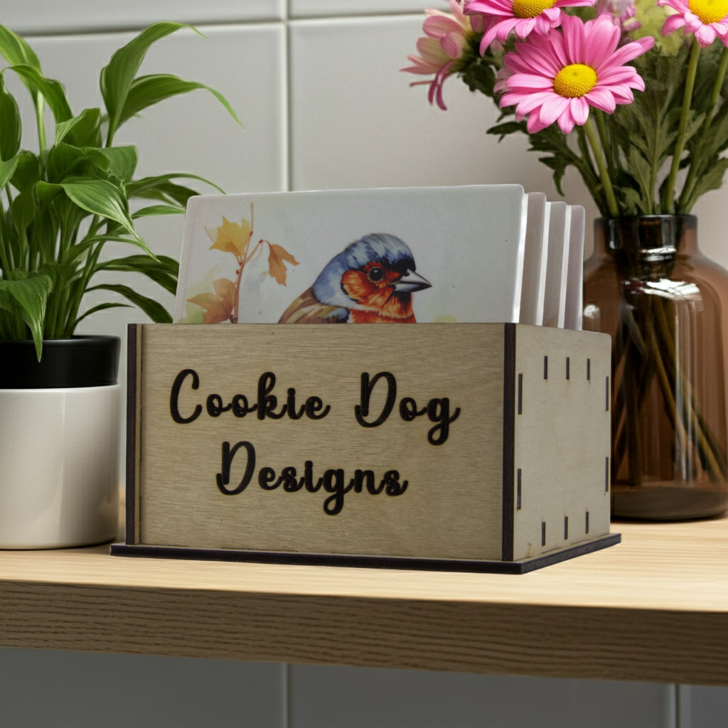Wooden box containing bird design coasters with optional personalisation on a surface with a plant and flowers in the background.