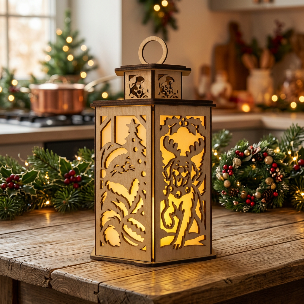 A christmas pets themed wooden decorative lantern on a festive decorated kitchen table