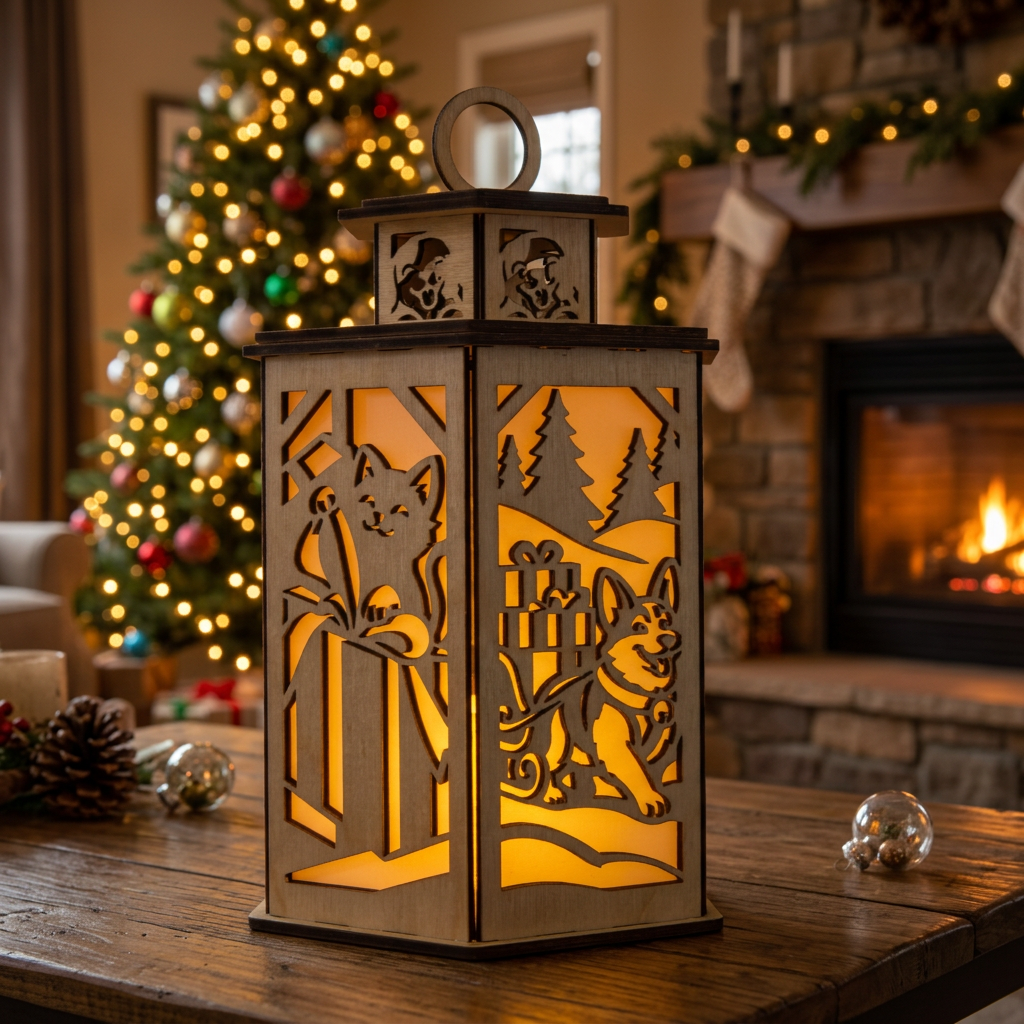 A christmas pets themed wooden decorative lantern on a festive decorated coffee table