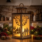 A wooden christmas themed lantern on a kitchen table in a dimly lit room with christmas decorations spread around