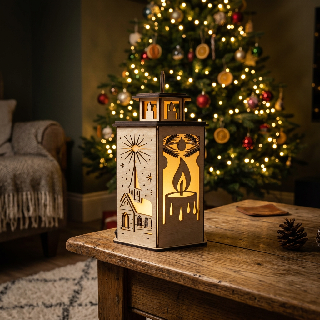 A wooden christmas themed lantern on a coffee table in a warmly lit room with a christmas tree in the corner