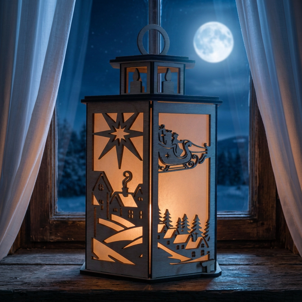 A wooden christmas themed lantern on a windowsill with a moonlit sky outside