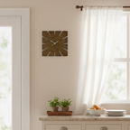 Dark brown square clock hanging on a wall next to a door