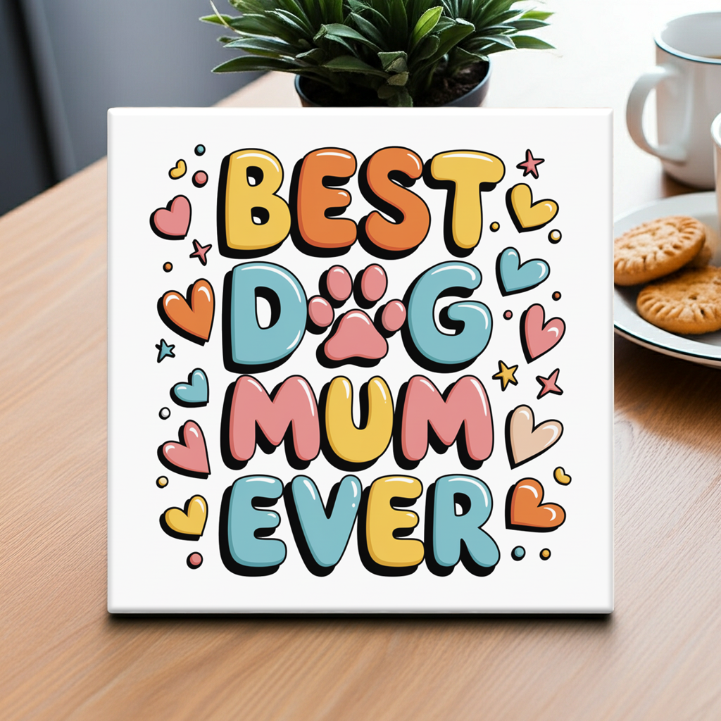 Colorful coaster with 'Best Dog Mum Ever' text on a wooden table.