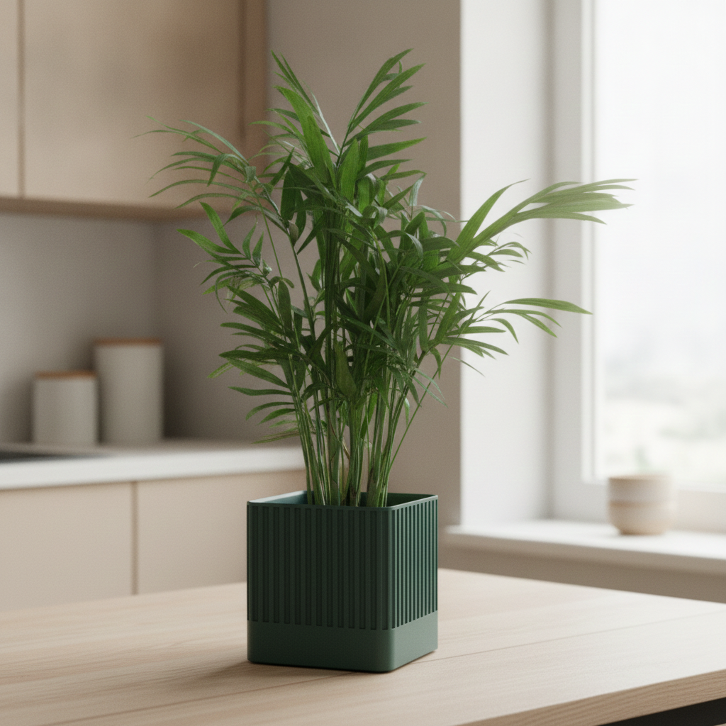 Potted plant on a wooden table in a kitchen setting