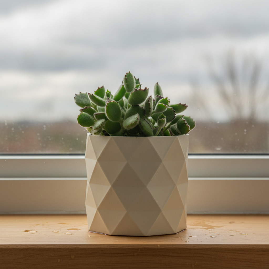 Geometric-patterned pot with a succulent plant on a windowsill
