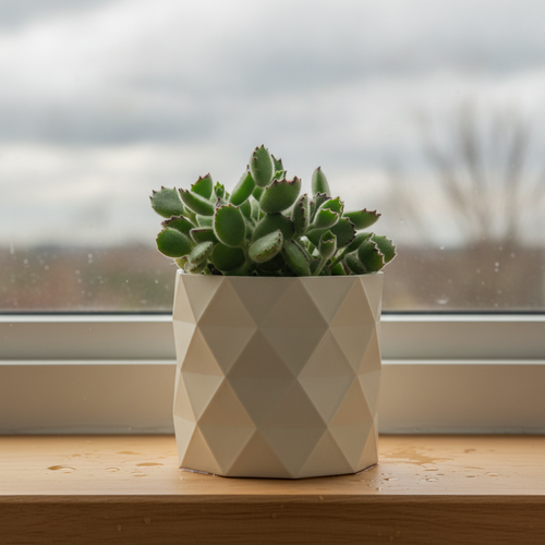 Geometric-patterned pot with a succulent plant on a windowsill