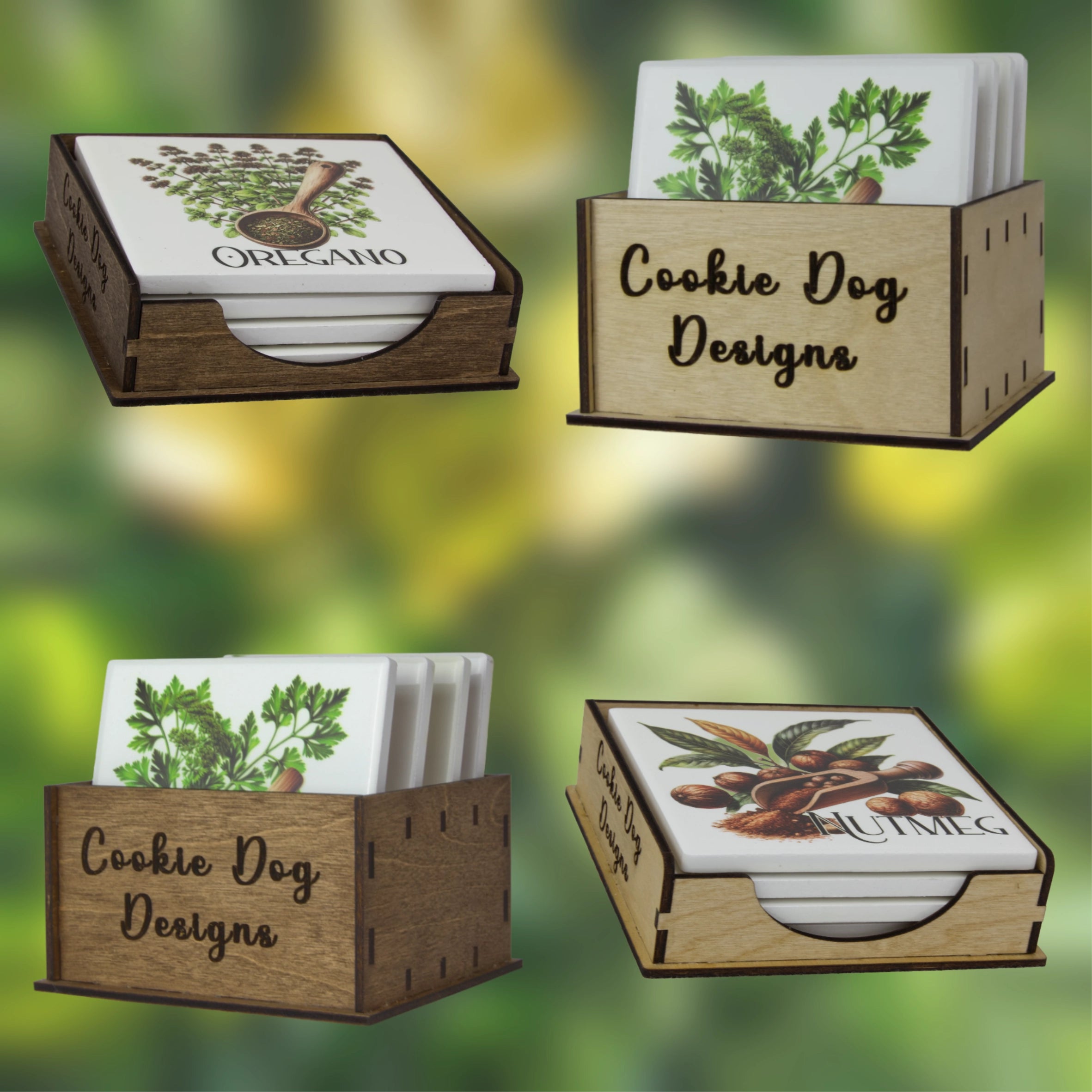 Set of coasters with wooden holders labeled 'Cookie Dog Designs' on a blurred green background.