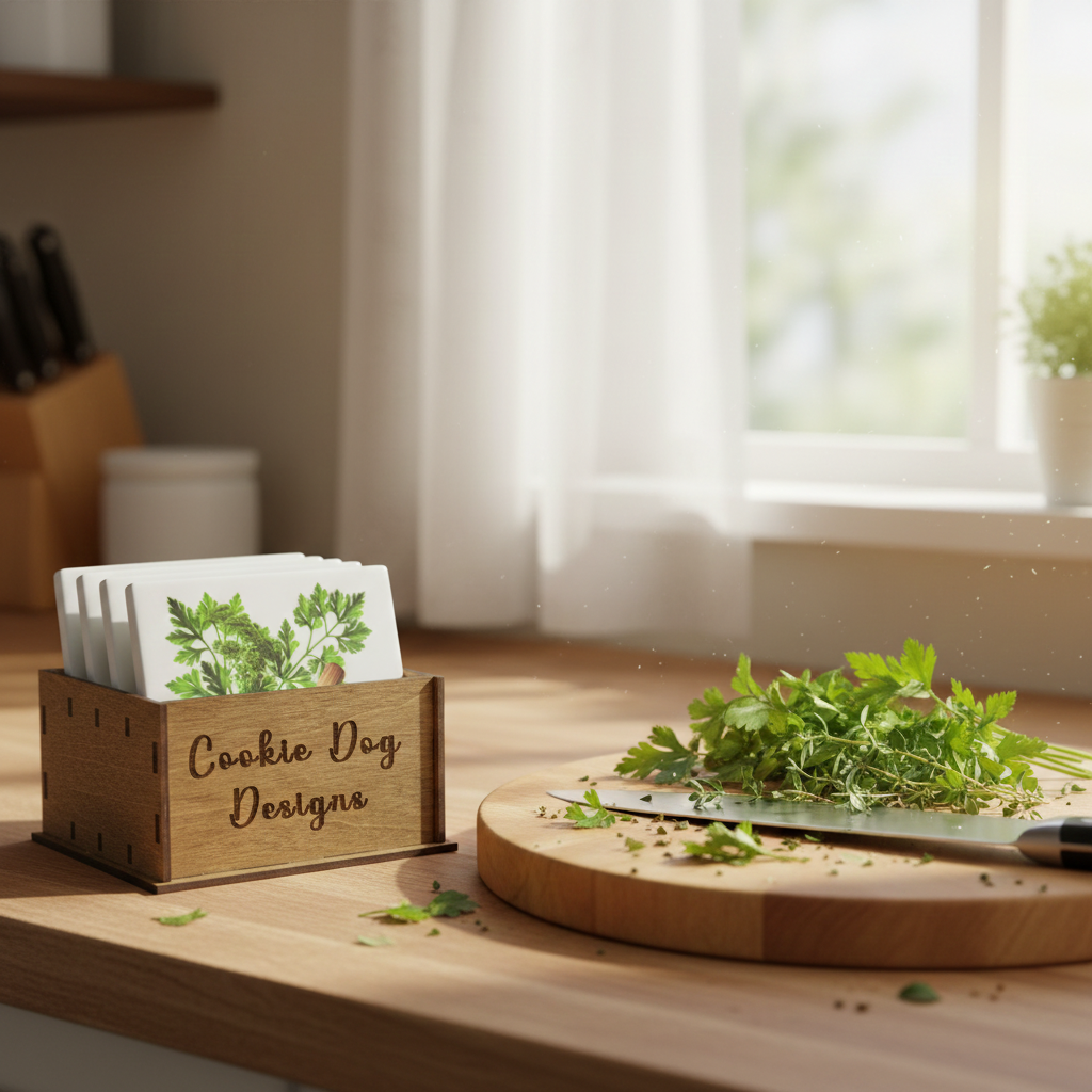 Wooden cutting board with herbs and a set of coasters in a box on a kitchen counter.