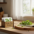 Wooden cutting board with herbs and a set of coasters in a box on a kitchen counter.