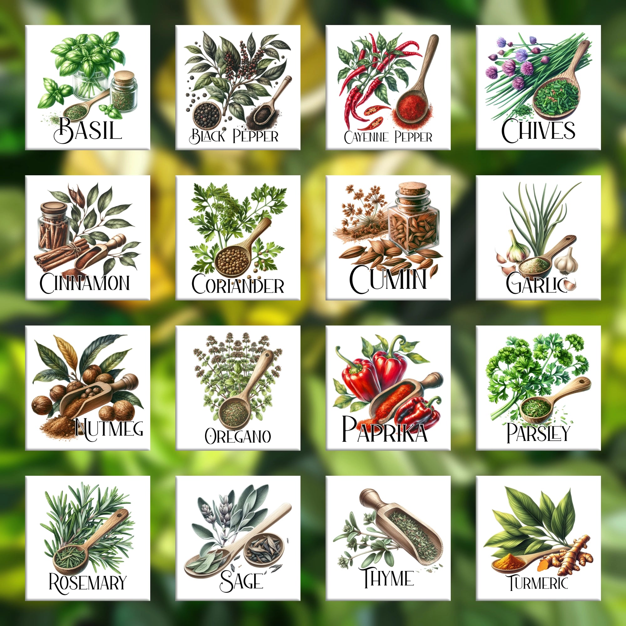 16 images of herbs and spices on a faded out background