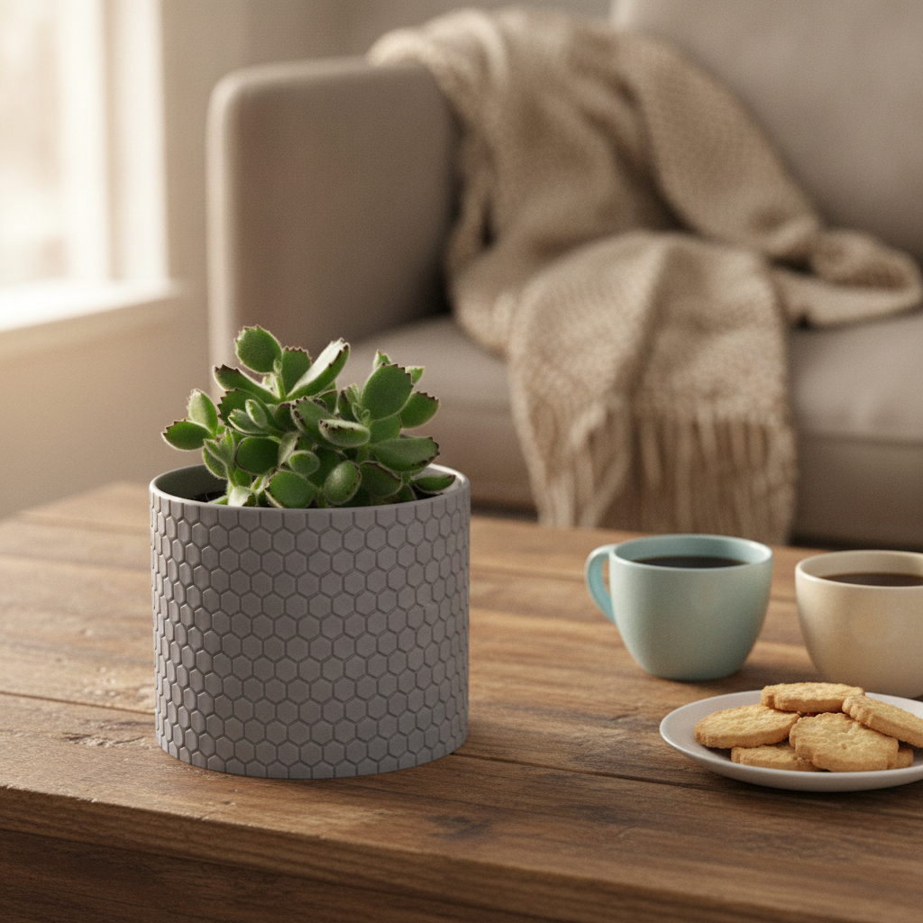 Gray textured planter with a succulent on a wooden table with coffee and cookies.