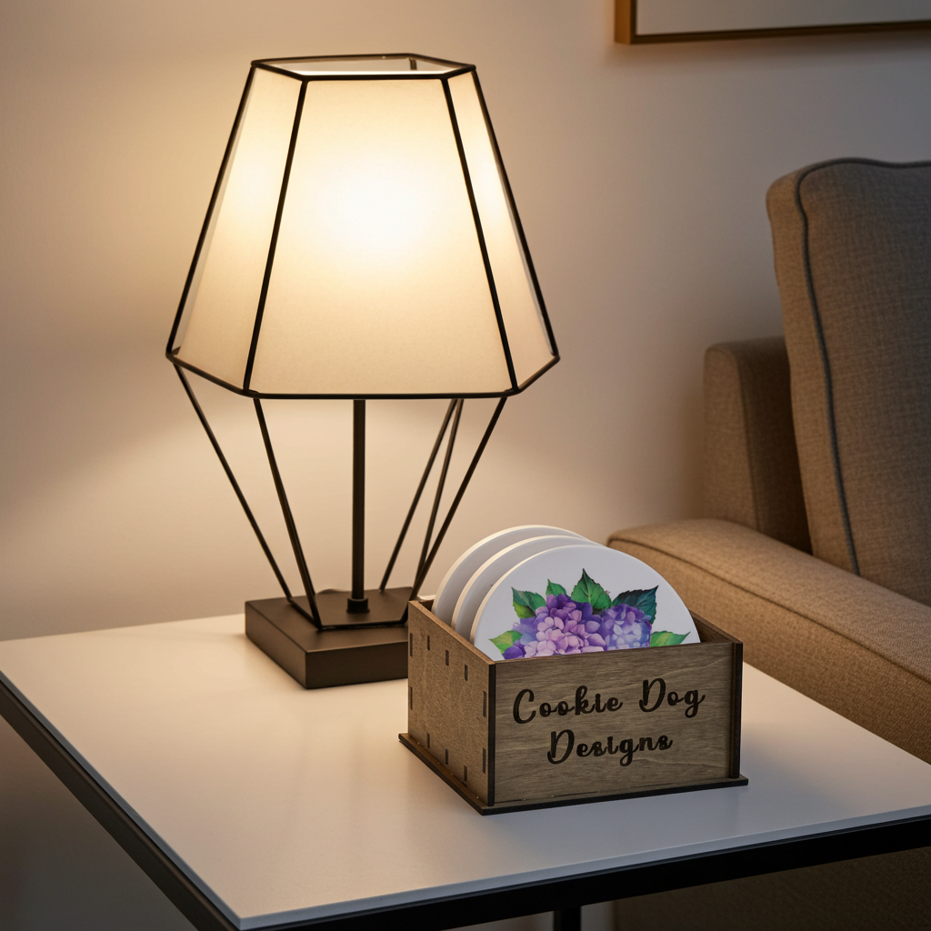 Table lamp and wooden coaster holder with optional personalisation, on a table.
