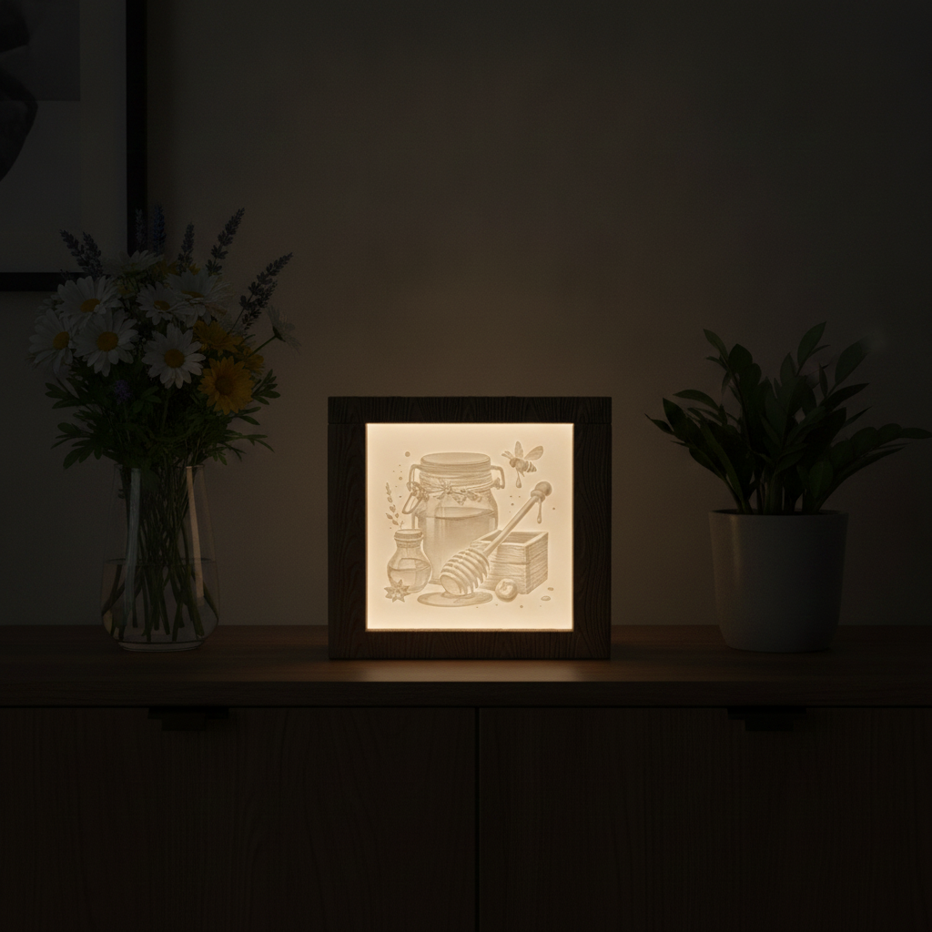Decorative light box with honey theme on a dark surface with plants