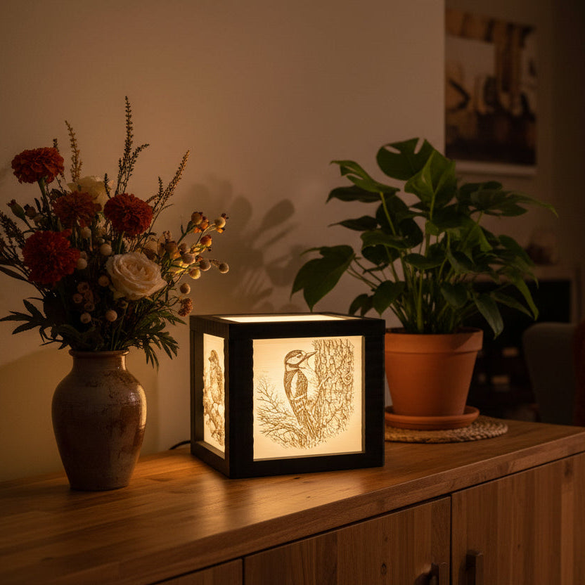 A square black-framed LED night light with carved bird illustrations on the front and side panels, glowing warmly on a wooden cabinet next to a vase of flowers and a potted plant.