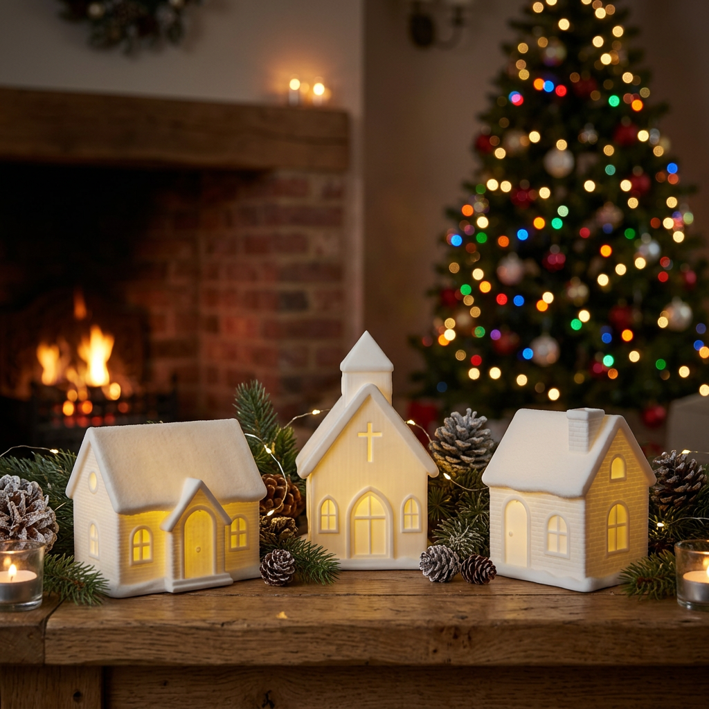 Three miniature christmas themed decorative buildings, church, cottage and schoolhouse, lit up from inside and placed on a festive themed worktop with a fire and christmas tree in the background