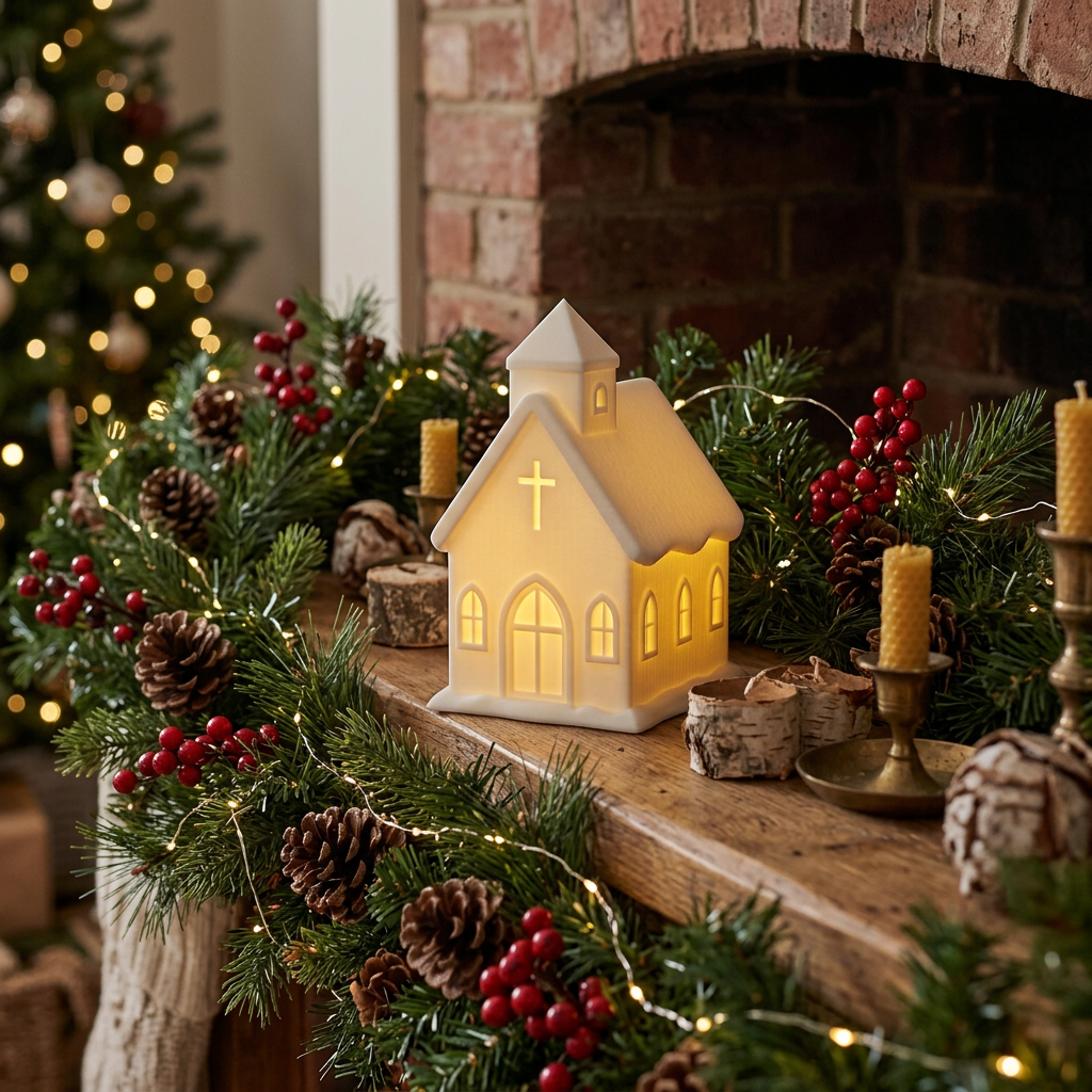 A small church-shaped decorative house with a white snowy roof and trim, lit from within with a warm yellow glow. It has arched windows and a cross on the front wall, shown on a festive mantelpiece.