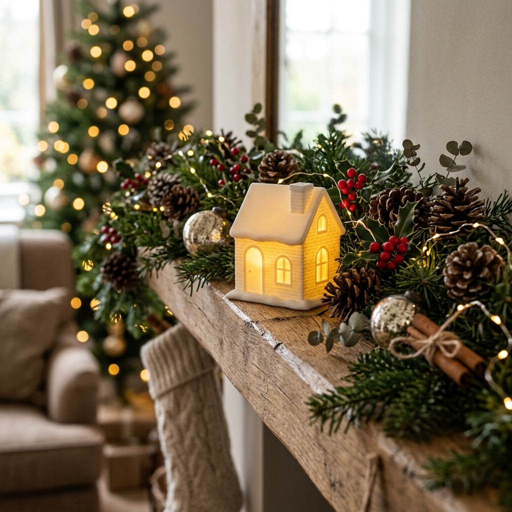 A small illuminated Christmas house ornament with a snow-covered roof and glowing warm yellow light, shown on a festive mantelpiece