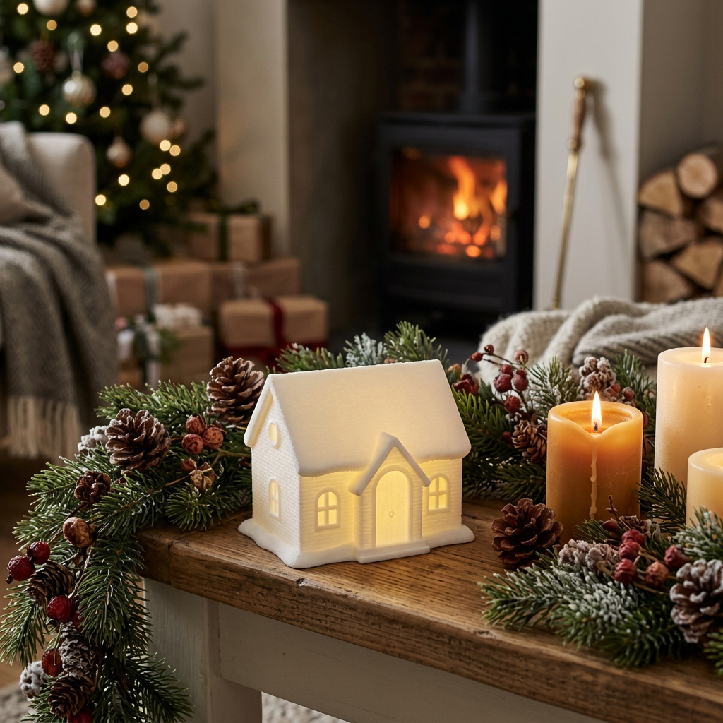 A small house-shaped decorative light with a snowy roof and glowing warm yellow windows and door, placed on a festive decorated table