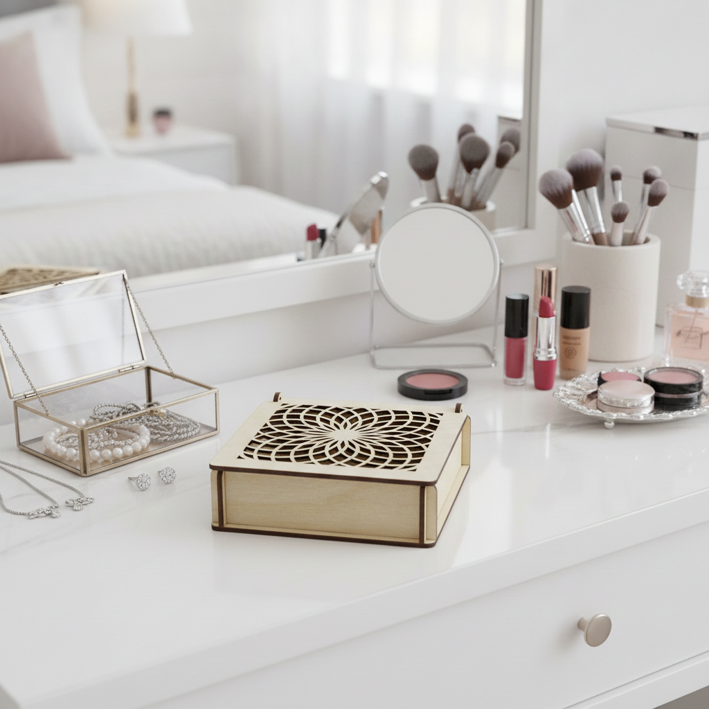 Decorative trinket box with patterned lid on a dressing table