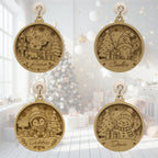 Four personalized round wooden Christmas ornaments with hanging loops, shown in a softly lit holiday room. Each ornament has a different engraved character and name: a reindeer with 'Joan', a gnome with 'Cookie', a penguin with 'Debbie', and a snowman with 'Dave'.