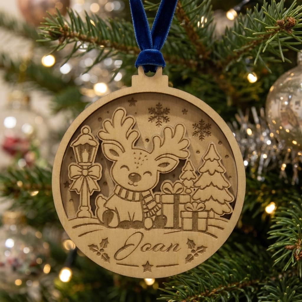 A personalized round wooden Christmas ornament hanging from a blue ribbon on a decorated Christmas tree. The ornament is engraved with a smiling reindeer, a lamp post, a Christmas tree, gifts, and the name 'Joan' at the bottom.