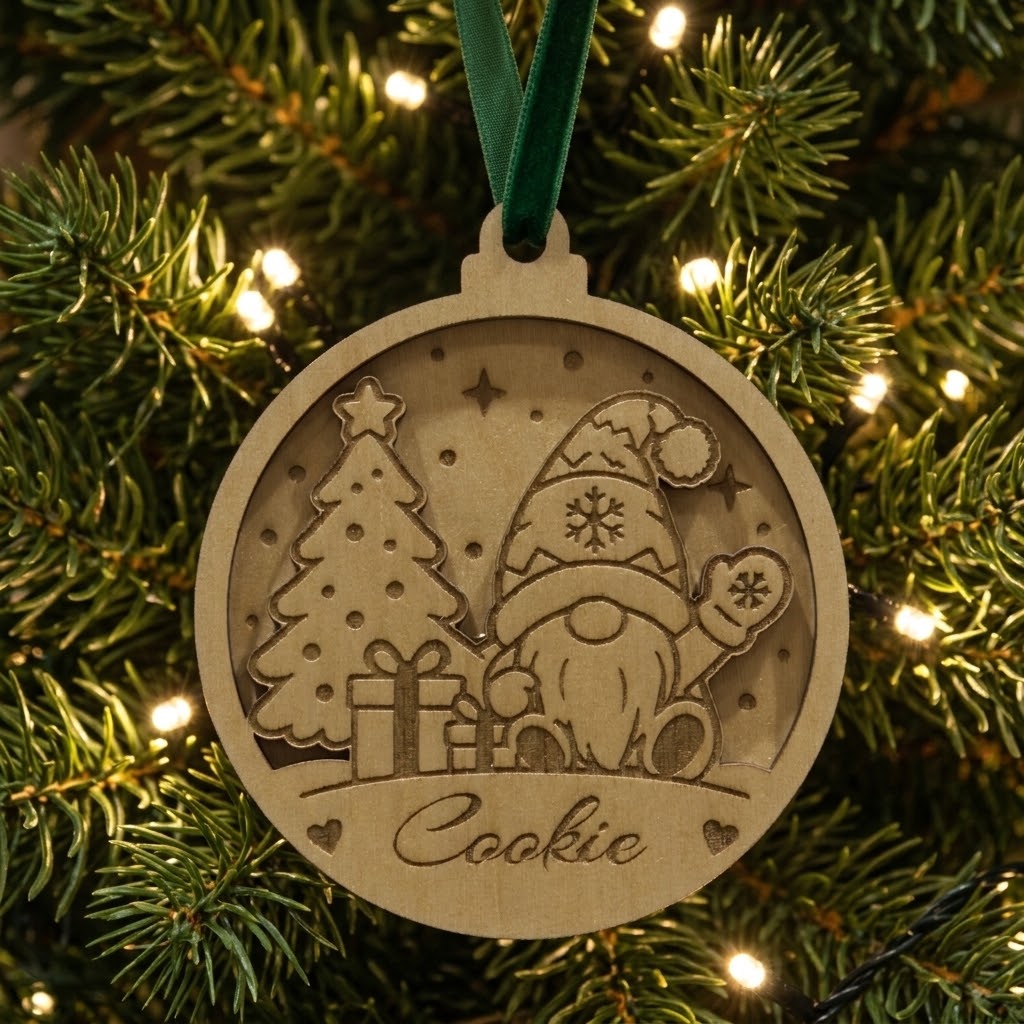 A personalized round wooden Christmas ornament hanging from a green ribbon, featuring an engraved gnome, Christmas tree, gifts, and the name 'Cookie', set against a background of lit Christmas tree branches.