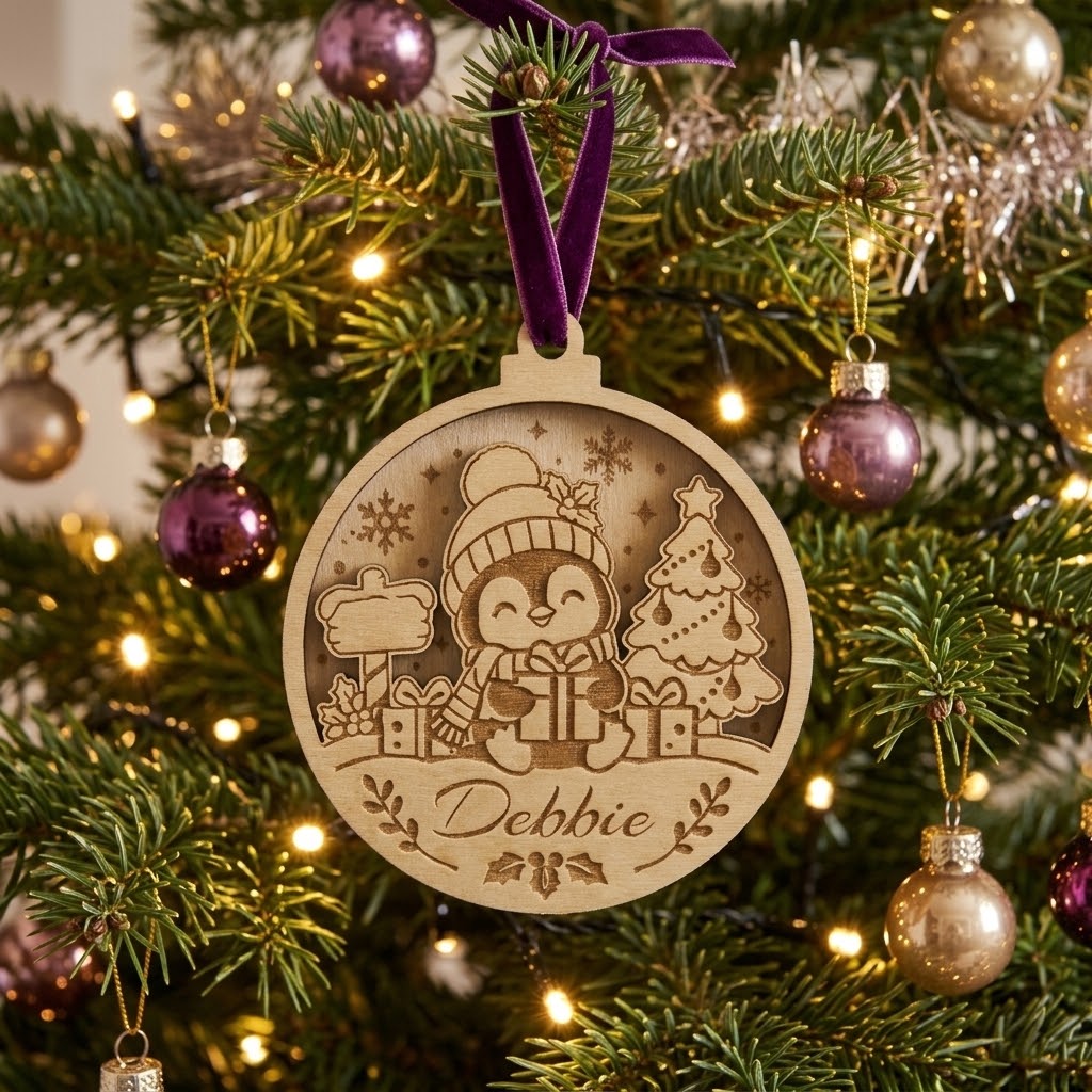 A personalized wooden Christmas ornament featuring a laser-cut penguin character and the name 'Debbie', hanging from a purple ribbon on a decorated Christmas tree with lights and gold and purple ornaments.