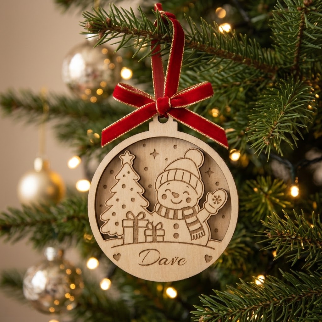 A personalized round wooden Christmas ornament hanging from a green Christmas tree with warm lights. The ornament features a laser-cut design of a snowman, a Christmas tree, gifts, and the name 'Dave' at the bottom, hanging from a red velvet ribbon.