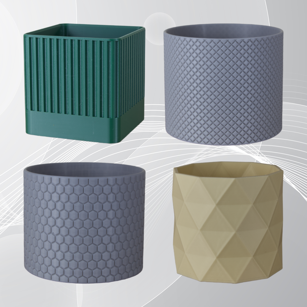Four geometrically designed planters in green, gray, and beige on a light gray background.