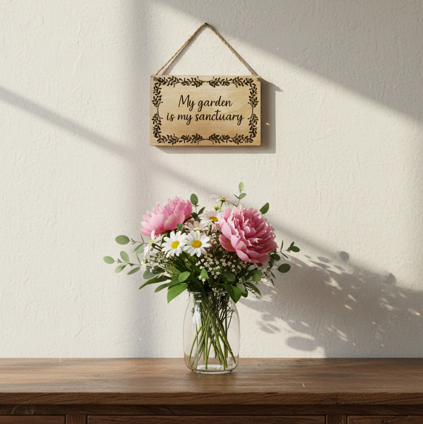 Vase of flowers on a wooden surface with a hanging sign reading 'My garden is my sanctuary' on a light background
