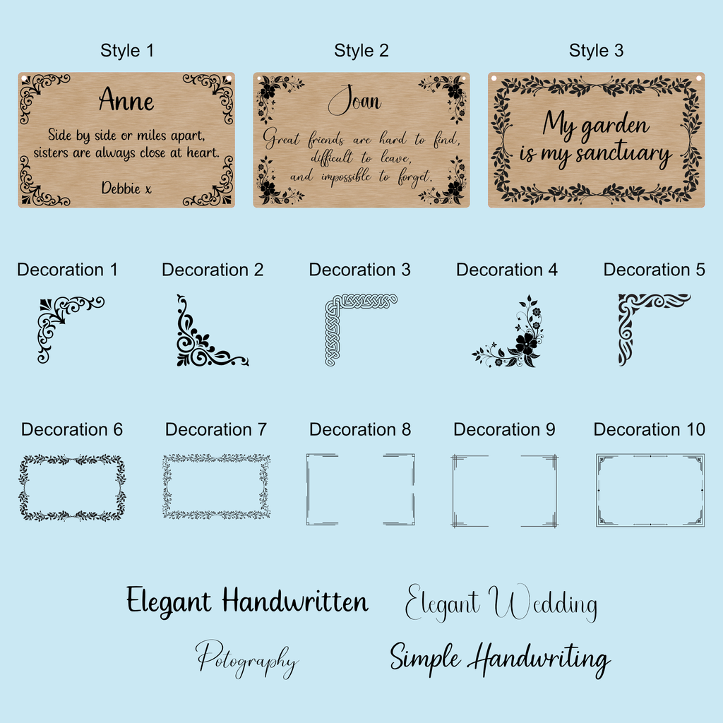 Three wooden signs with engraved text and decorative elements on a light blue background.