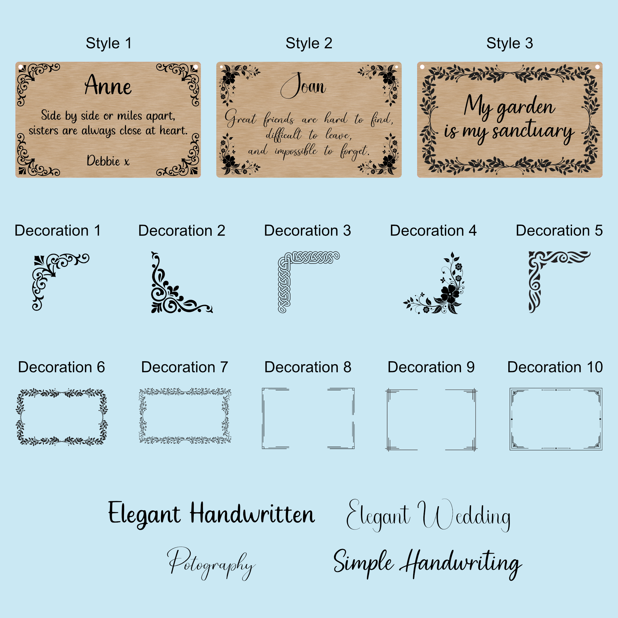 Three wooden signs with engraved text and decorative elements on a light blue background.