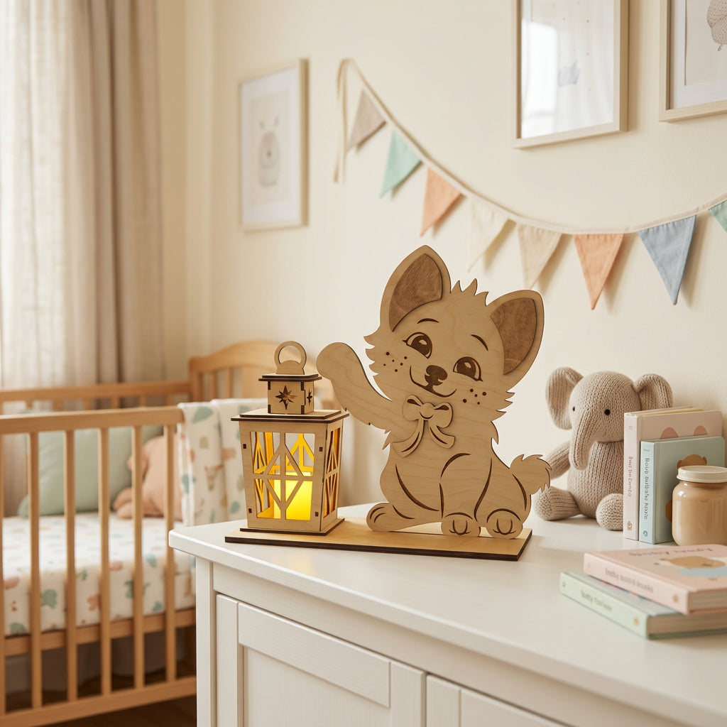 A wooden decorative cutout set featuring a smiling puppy waving next to a lantern-shaped light box with a glowing yellow interior, displayed on a cupboard top in a nursery setting.