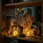 A wooden decorative cutout set featuring a smiling puppy waving next to a lantern-shaped light box with a glowing yellow interior, displayed on a shelf in a child's bedroom.