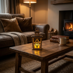 A wooden lantern with a cutout design and a warm glow coming from the enclosed tealight, on a coffee table in a dimly light room.
