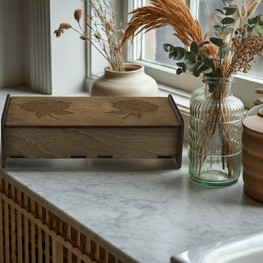 Wooden box with floral design on a marble surface with decorative vases in the background.