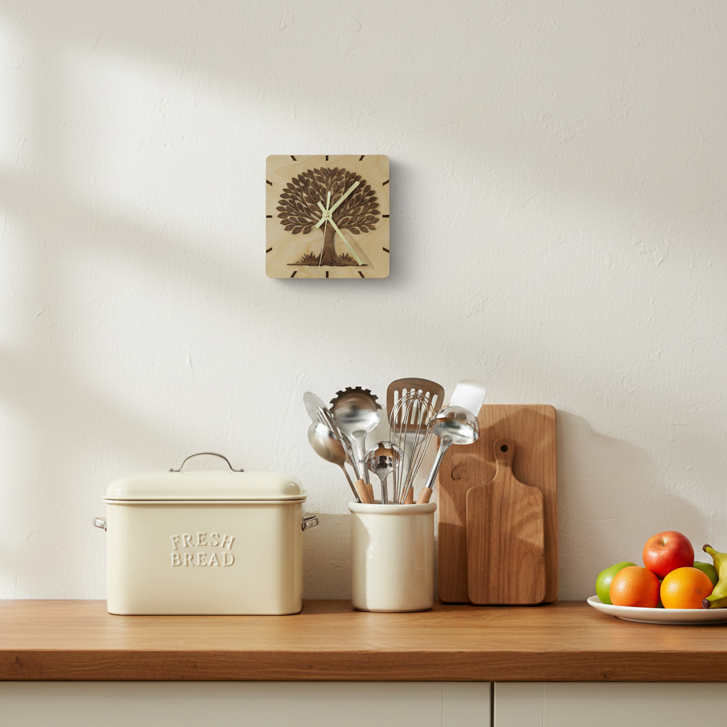 Clock on wall above an assortment of kitchen items