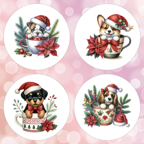 Four Christmas-themed coasters with dogs in cups on a pink background
